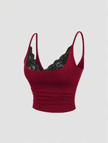 Sweetra Women's Sexy Lace Patchwork V-Neck Camisole Sleeveless Backless Crop Top, Suitable For Spring, Summer And Autumn - Burgundy - View 6