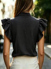 SHEIN 女士V领短袖衬衫，面料舒适，适合度假、日常穿着、休闲、海滩、约会、派对、都市夏季假期等场合，百搭实用。 - 黑色 - 查看 2