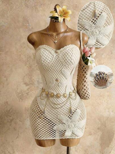 Mistrie Vestido de vacaciones de mujer con decoración de flores y conchas a ganchillo sexy y calado