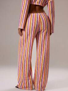 Musera Resort Tie Front Striped Crochet Knit Wide Leg Trousers Only Spring Summer Vacation Sexy Boho Ibiza Festival Beach Swim Cover Up Birthday Wedding Guest Black Fall Party Holiday - Pink - View 2