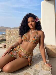 SHEIN Swim Women's 3-Piece Swimwear Set: Floral & Leopard Print Chain Halter Backless Mini Dress, Sexy Beach Holiday Outfit Vacation Summer - Multicolor - View 2