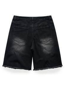 ROMWE MEN Men's Loose Fit Denim Shorts With Sparkling Diamond Floral Embroidery - Black - View 3
