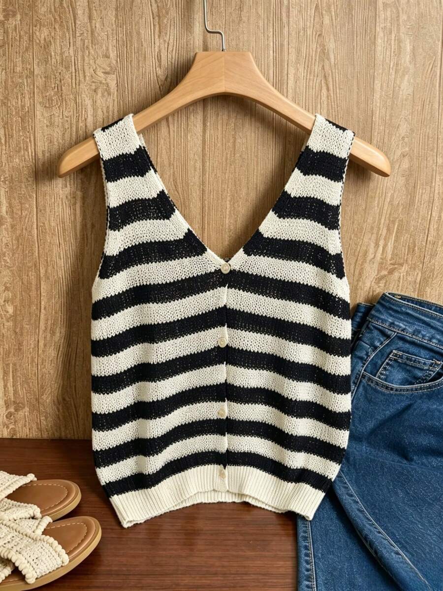 SHEIN Franclia Áo dệt kim không tay kẻ sọc cài cúc phía trước dành cho nữ, thích hợp cho kỳ nghỉ hè. - Đen và trắng - Xem 1