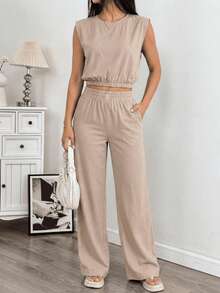 Set Of Two-Piece Sleeveless Short Top, Wide Pants For Summer. - Arena - View 1