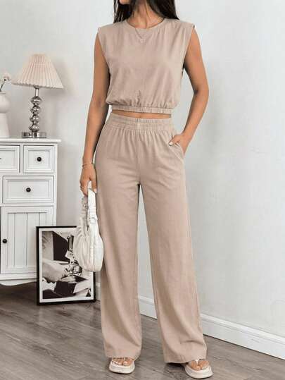 Conjunto de Dos piezas top corto sin mangas, pantalón ancho para verano.
