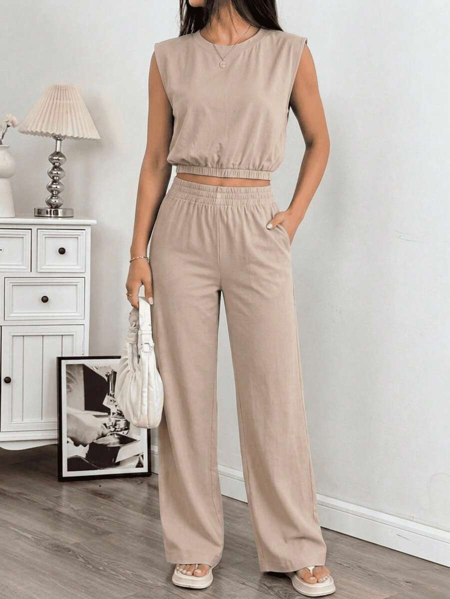 Set Of Two-Piece Sleeveless Short Top, Wide Pants For Summer. - Arena - View 1