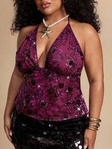 SHEIN BAE Plus Size Sleeveless Elegant Sequin Decorated Camisole - Purple - View 8
