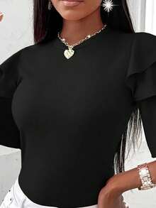 EMERY ROSE Women's Solid Color Round Neck Ruffle Sleeve Fitted Casual T-Shirt - Black - View 3