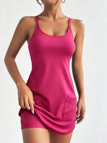 SHEIN Sports Summer Casual Solid Color 2 In 1 Dress With Pockets - Hot Pink - View 3
