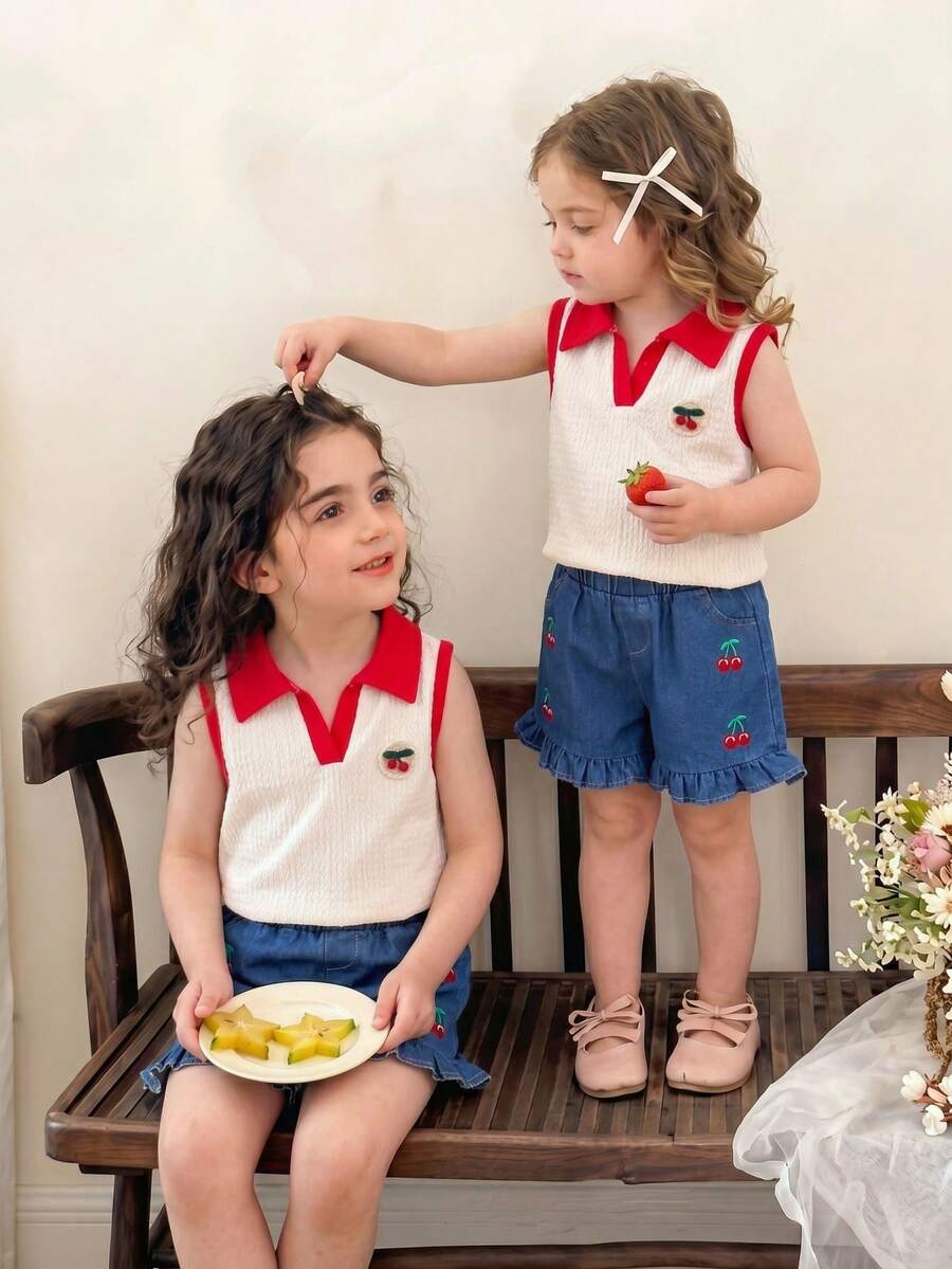 Conjunto de top sin mangas con cuello rojo de gasa ondulada beige con bordado de flores de cerezo y shorts con volantes de falso bolsillo, conjunto de moda de verano casual y enérgico para niñas (pequeño) - Blanco - Ver 1