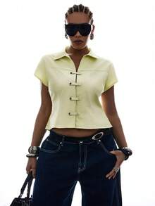 LYSMO Plus Size Summer Minimalist Chic Solid Color Shirt With Button Detail Collar Everyday Pale Yellow - Green - View 5