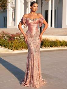 Glamrae Đầm dạ hội sang trọng, đính cườm và sequin, tay trễ vai, chất liệu satin xếp ly, dáng đuôi cá, thích hợp cho đám cưới, tiệc tùng, dạ hội, tiệc chiêu đãi (đính kèm rất nhiều chi tiết). - Bụi hồng - Xem 7
