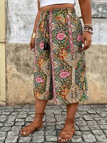 Breezaya Plus Size Women Allover Print Pocket Casual Versatile Daily Wear Pants - Green - View 3