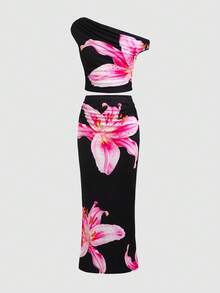 SHEIN Tween Girl Black Floral Print Asymmetric Ruched Fitted Two Pieces Skirt Set, Suitable For Summer, Vacation Outfit - Black - View 2