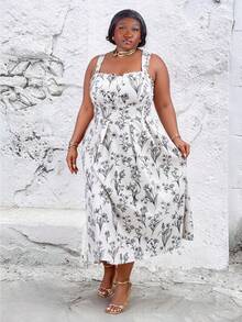 CurvyTilda Plus Size Apricot Base Black Retro Printed Maxi Dress With Adjustable Spaghetti Straps, Flared Hem Elegant - Multicolor - View 1