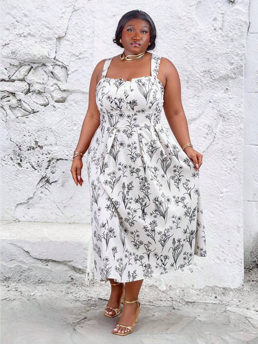 CurvyTilda Plus Size Apricot Base Black Retro Printed Maxi Dress With Adjustable Spaghetti Straps, Flared Hem Elegant - Multicolor - View 1