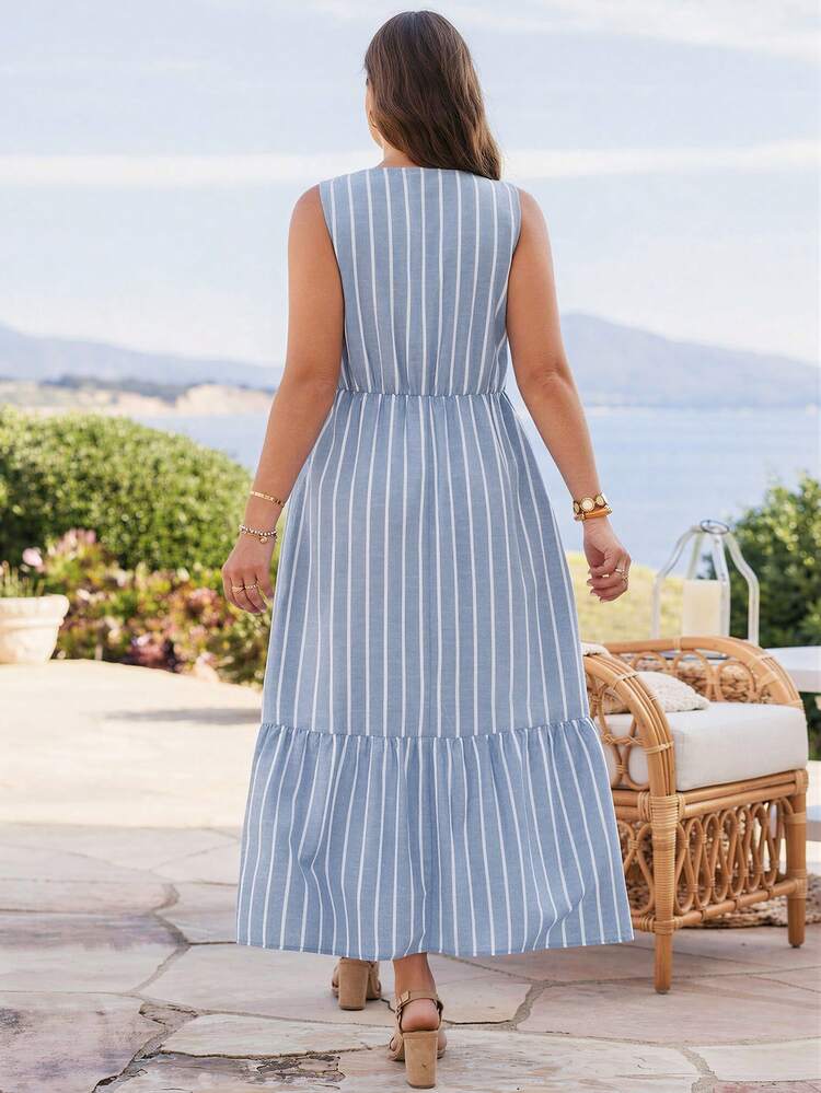 Plus Size Women Casual Striped Sleeveless Dress