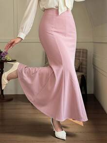 DAZY Women's Elegant Elegant Daily Commute Minimalist Solid Color Fishtail Hem Fitted Skirt - Dusty Pink - View 4