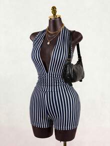 SaltGleam SaltGleam Bộ jumpsuit không tay gợi cảm với cổ áo kẻ sọc và thiết kế cổ chữ V sâu dành cho nữ. - Xanh và trắng - Xem 1