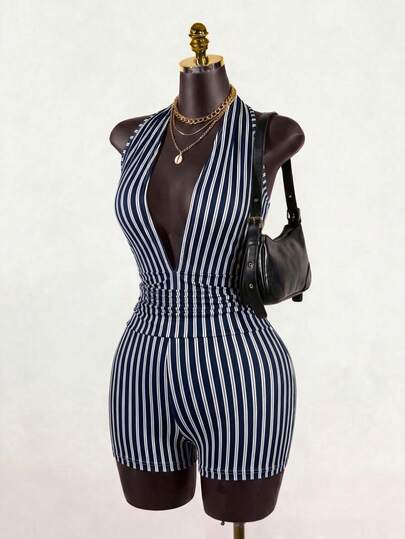 SaltGleam SaltGleam Bộ jumpsuit không tay gợi cảm với cổ áo kẻ sọc và thiết kế cổ chữ V sâu dành cho nữ.