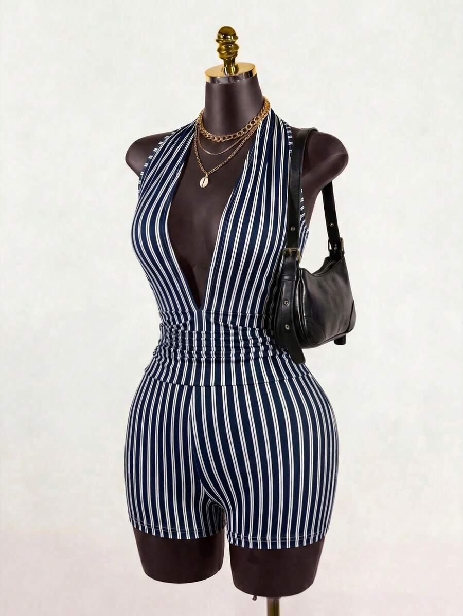 SaltGleam SaltGleam Bộ jumpsuit không tay gợi cảm với cổ áo kẻ sọc và thiết kế cổ chữ V sâu dành cho nữ. - Xanh và trắng - Xem 1