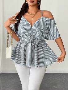 Elenzga Plus Size Spaghetti Strap Tie-Front Striped Cute Blouse - Black and White - View 2