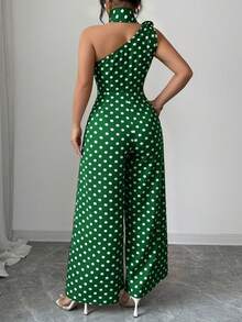 GlowEve CURVE Plus Size Women's Elegant Black & White Polka Dot Asymmetrical Shoulder Jumpsuit, Suitable For Commuting, Spring/Summer - Green - View 2