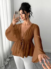 Elenzga Áo khoác cardigan dài tay dáng loe nhẹ, thanh lịch, màu xanh nhạt dành cho nữ, cỡ lớn, chất liệu mềm mại, phù hợp cho lễ tốt nghiệp, các ngày lễ, Ngày Valentine, lễ hội âm nhạc, Ngày của Mẹ, Halloween, Lễ Tạ ơn, Lễ Phục sinh, Ngày Quốc khánh, các buổi khiêu vũ, hẹn hò, tiệc tùng, đám cưới và các hoạt động ngoài trời. - màu nâu - Xem 1