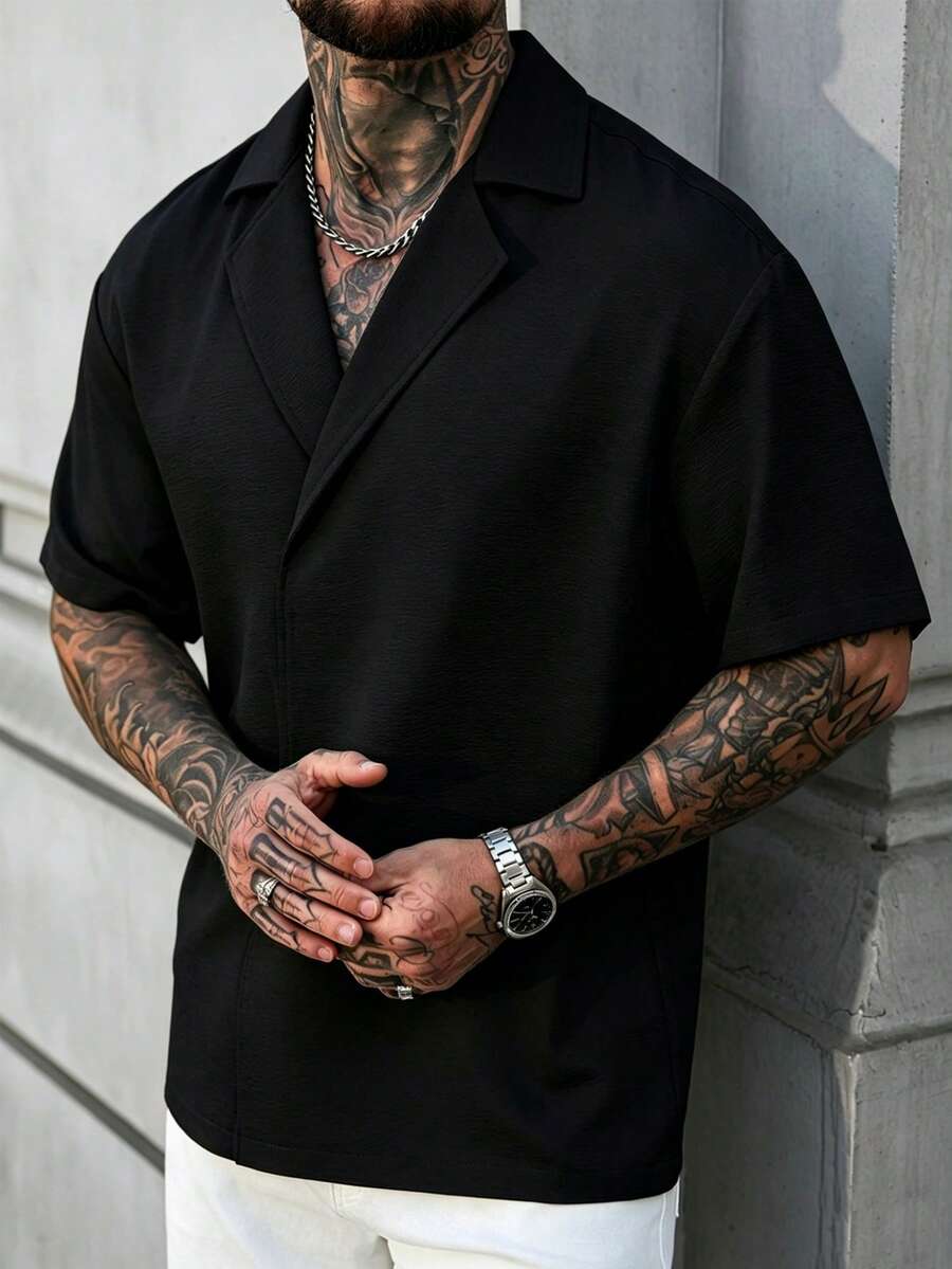 Manfinity CasualCool 男士夏季休闲度假通勤翻领宽松纯色衬衫 - 黑色 - 查看 1
