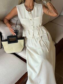 Livesso Women's Solid Color Single-Breasted Drawstring Waist Vest Shirt And Mini Skirt Casual 2-Piece Set, Spring/Summer - Khaki - View 6