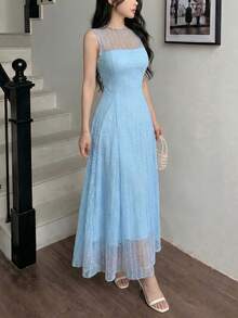 Celisse Đầm dài ngang gối không tay màu xanh dương ren thắt eo dành cho nữ, thanh lịch cho kỳ nghỉ. - Màu xanh nhạt - Xem 8