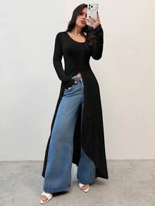 Firerie Women's Solid Color Minimalist Daily Wear Split Hem Long Sleeve T-Shirt - Black - View 8