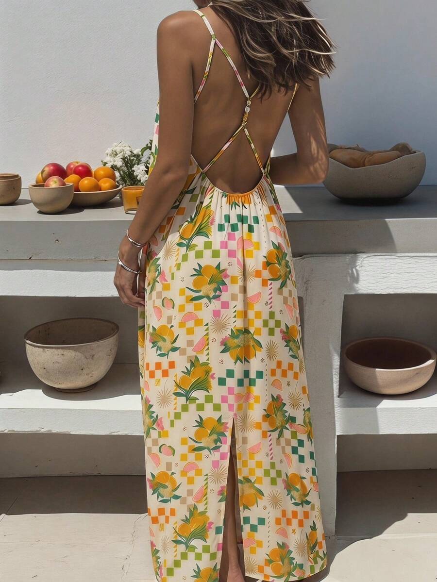 Vivid Eden Women's Backless Fruit Plaid Print Maxi Dress,Multicolor,Summer,Boho,Beach Vacation,Holiday,Holiday Spaghetti Strap Crisscross Back Slit Outfits - Yellow - View 1