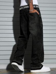 Manfinity EMRG Men's Rhinestone Print Wide Leg Jeans - Black - View 2
