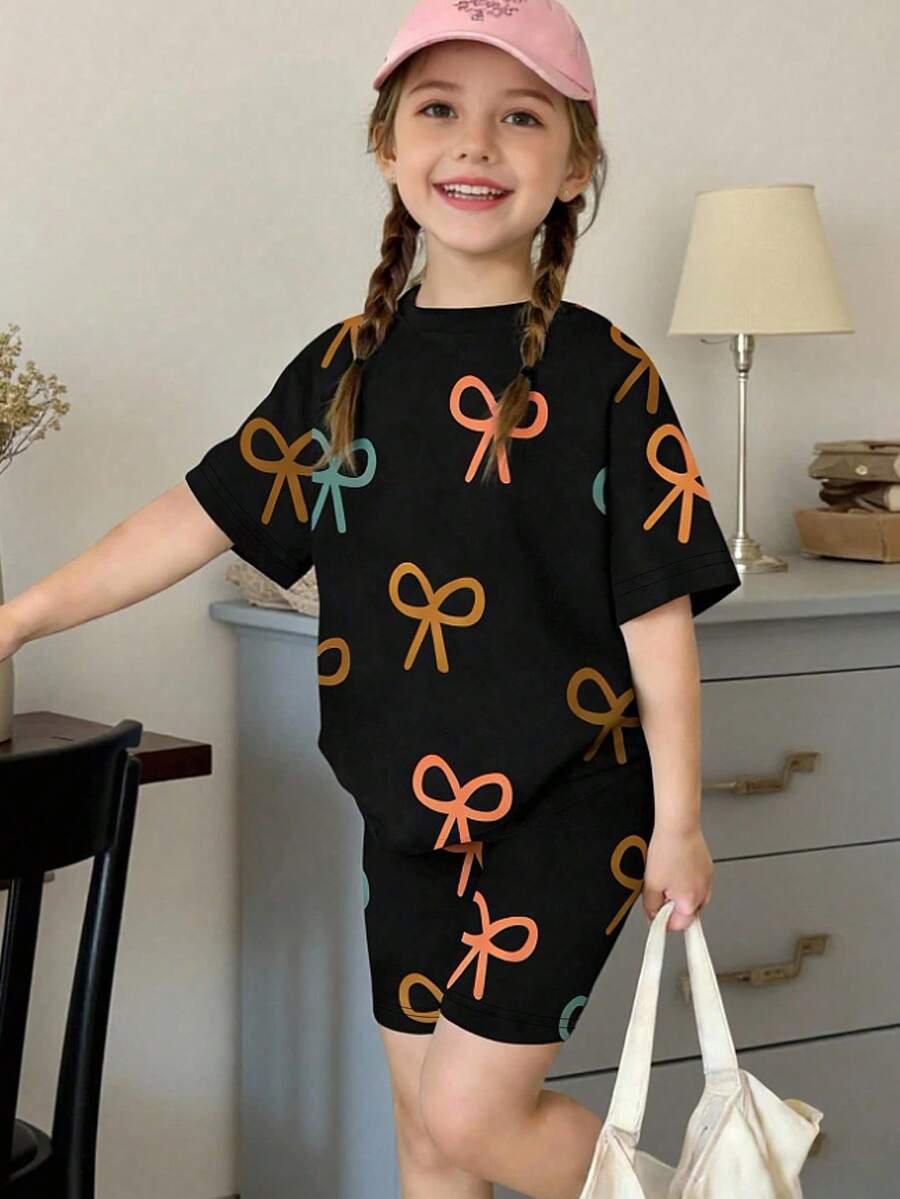 1 Set Baju dan Celana Pendek Sepeda Anak Perempuan Remaja Motif Pita Warna-warni Hitam yang Lucu, Pakaian Kasual Liburan Musim Panas untuk Sekolah dan Jalan-jalan - MultiWarna - View 1