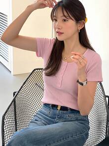 DAZY Women's Solid Color Scoop Neck Short Sleeve Fitted Basic T-Shirt, Brown, Spring/Summer - Pink - View 5