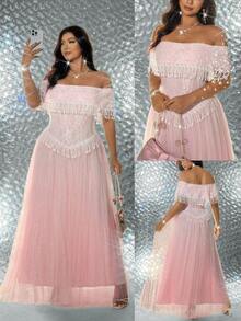 Viva Relle Große Größen Damen Frühling/Sommer Neuer Luxus Socialite Stil Nude Pink & Weiß Patchwork Kleid, Off-Shoulder Spitze Quaste Taille Raffung Mesh Kleid. Geeignet für hochwertige Galas, Brautjungfern, Valentinstag Atmosphäre, Roter Teppich, Luxus Socialite Mode - Verschiedenfarbig - Übersicht 1