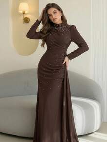 Modelyn Gaun Malam Panjang Wanita dengan Kerah Tegak untuk Pesta dan Pernikahan - Coffee Brown - View 5