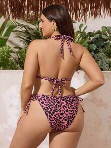 Swim SXY Damen Große Größen Rippenstoff Dreieckskuppel Bindeband Lässig Urlaub Badeanzug Set - Heißes Pink - Übersicht 2