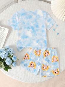 2pcs/Set Young Girls Cartoon Princess Print Snug Fit Short Sleeve Top And Shorts Pajama Set - Multicolor - View 2