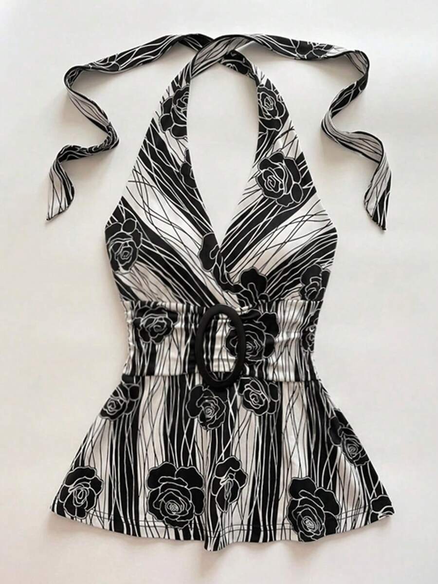 Attitoon Women's Floral & Striped Print Fashion Halter Top,Summer Tropical Holiday Vacation,White Floral Casual Outfits For Streetwear,Commuting,,Y2K - Multicolor - View 1