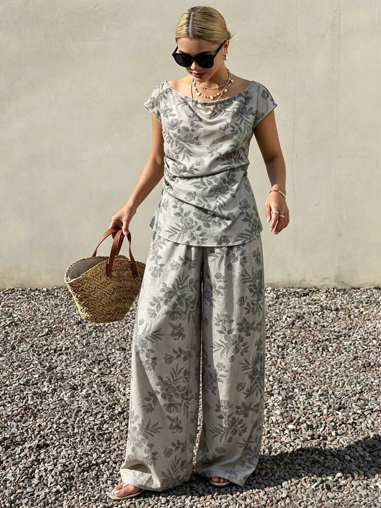 2pcs/Set Women Floral Print Pleated Top And Pants Casual Daily Wear, Spring/Summer