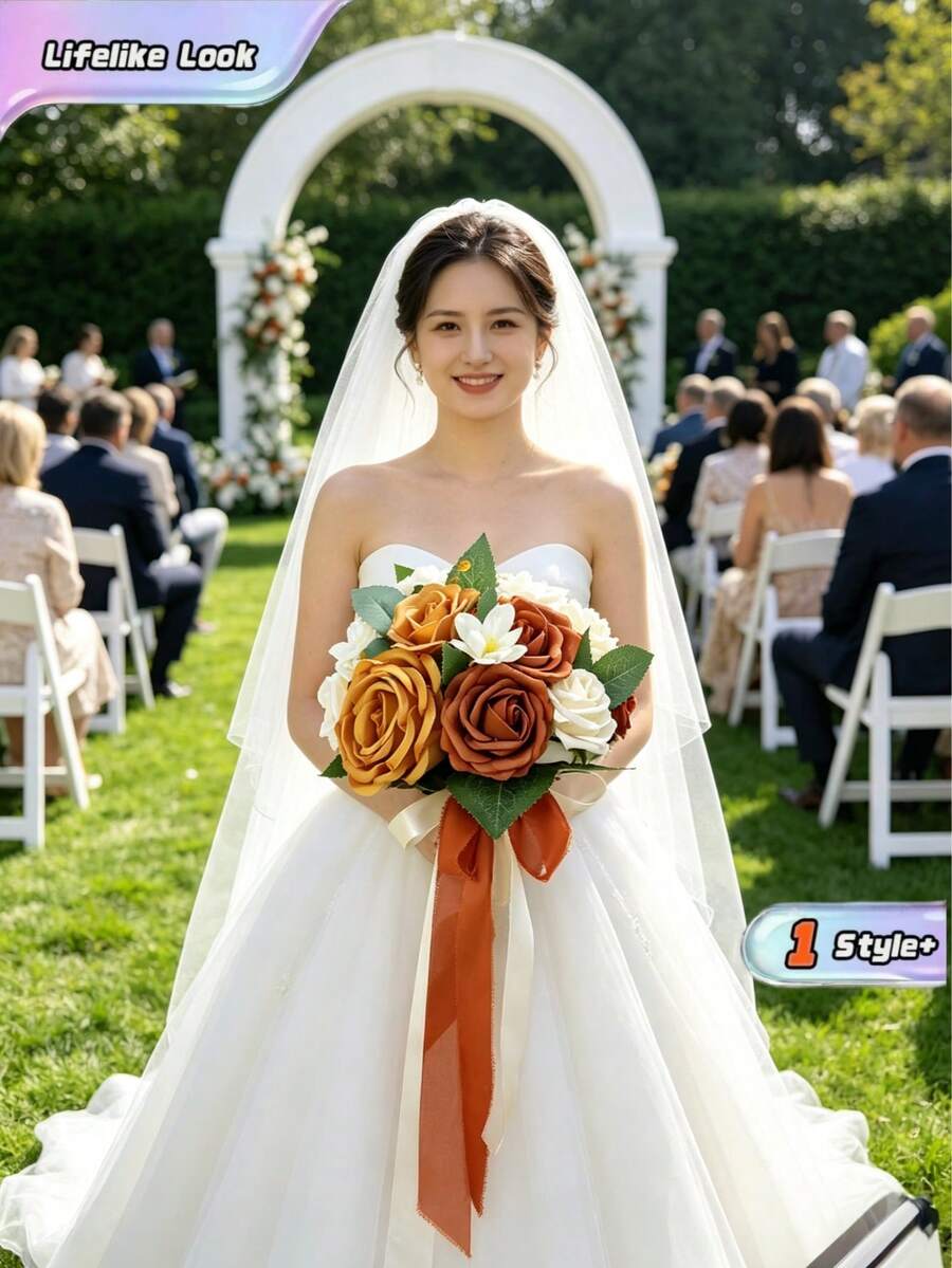 1pc Caramel Artificial Rose Bridal Bouquet, Wedding Handheld Flower Bouquet, Romantic Vintage Bridesmaid Holding Flower For Wedding Party Ceremony Home Decoration - Burnt Orange - View 1