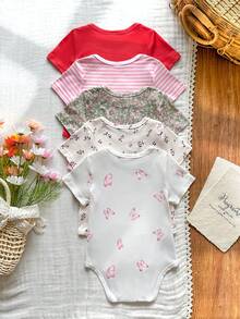 SHEIN Vintaside Kids 5件套女婴柔软舒适圆领纯色连体衣，时尚休闲日常穿着，易于穿脱，适合春夏穿着 - 彩色 - 查看 2