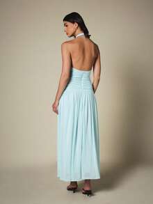 KSTM Ruched Halter Neck Maxi Dress With Deep V-Neckline Open Back And Flowy Pleated Skirt Summer Evening - Blue - View 2