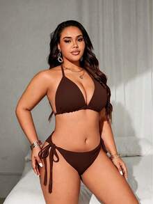 Swim Lushoire Conjunto de traje de baño de talla grande de unicolor - Marrón - Ver 4