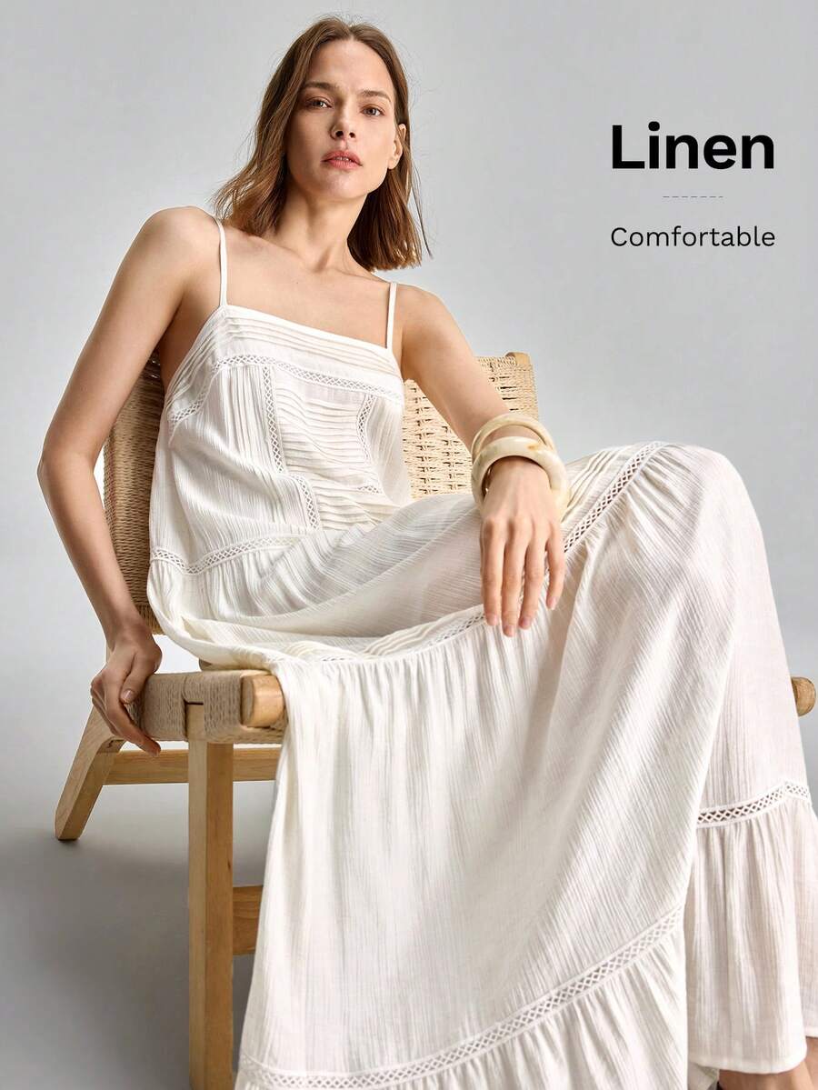 Ontre 女款米白色蕾絲拼接細肩帶洋裝，隨性時髦夏季優雅派對裙，亞麻度假海灘音樂節洋裝