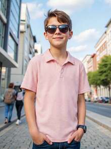 SHEIN Leap Crew Tween 男童休闲韩版简约纹理 Polo 领短袖上衣，适合通勤、上学、日常休闲装、运动、春夏 - 粉色 - 查看 4