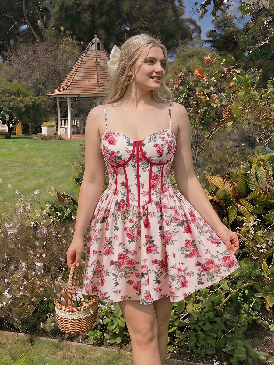 SHEIN MOD 大码夏季波西米亚风印花连衣裙，花园派对的完美之选；女士印花拼接撞色连衣裙，充满艺术气息；适合夏秋季穿着；田园复古风；印花中长连衣裙；花园派对连衣裙；玫瑰印花连衣裙；优雅派对生日派对连衣裙；优雅派对连衣裙。 - 彩色 - 查看 1