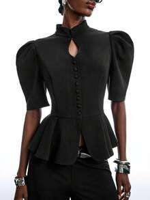 LYSMO Áo blazer nữ tay ngắn cổ sườn xám khoét rỗng màu trơn thanh lịch cho mùa hè - màu đen - Xem 7